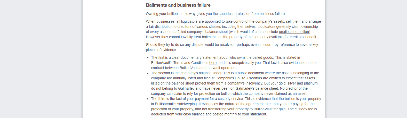 BullionVault Review bailment info